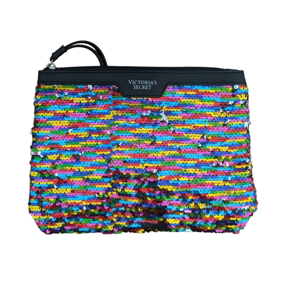 Victoria’s Secret Black Flip Rainbow Colorful Sequin Cosmetic Makeup Pou… - Picture 1 of 5